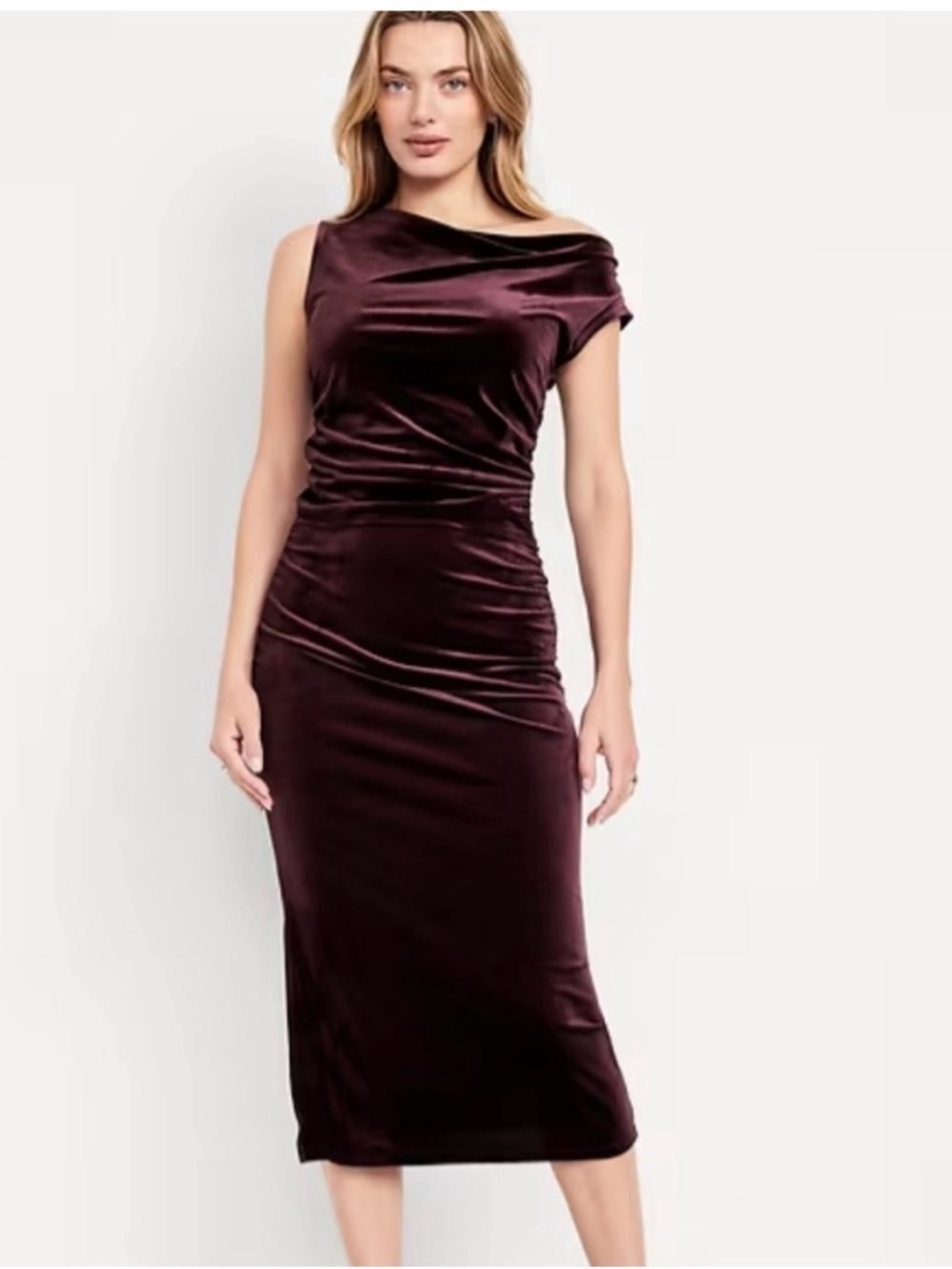 Women’s Velvet Asymmetric Neck Top in Deep Wine